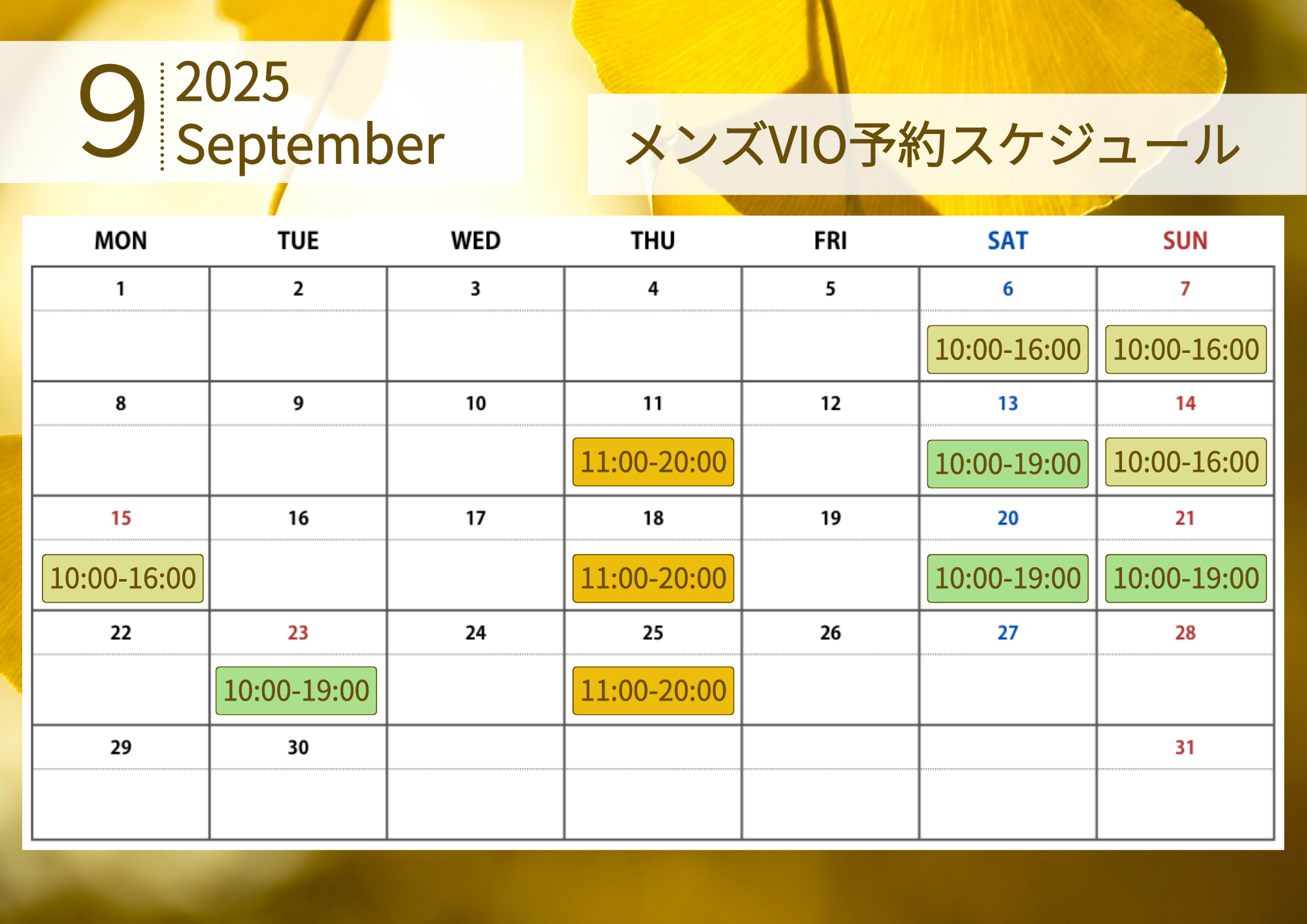 2025年9月メンズVIO予約スケジュール