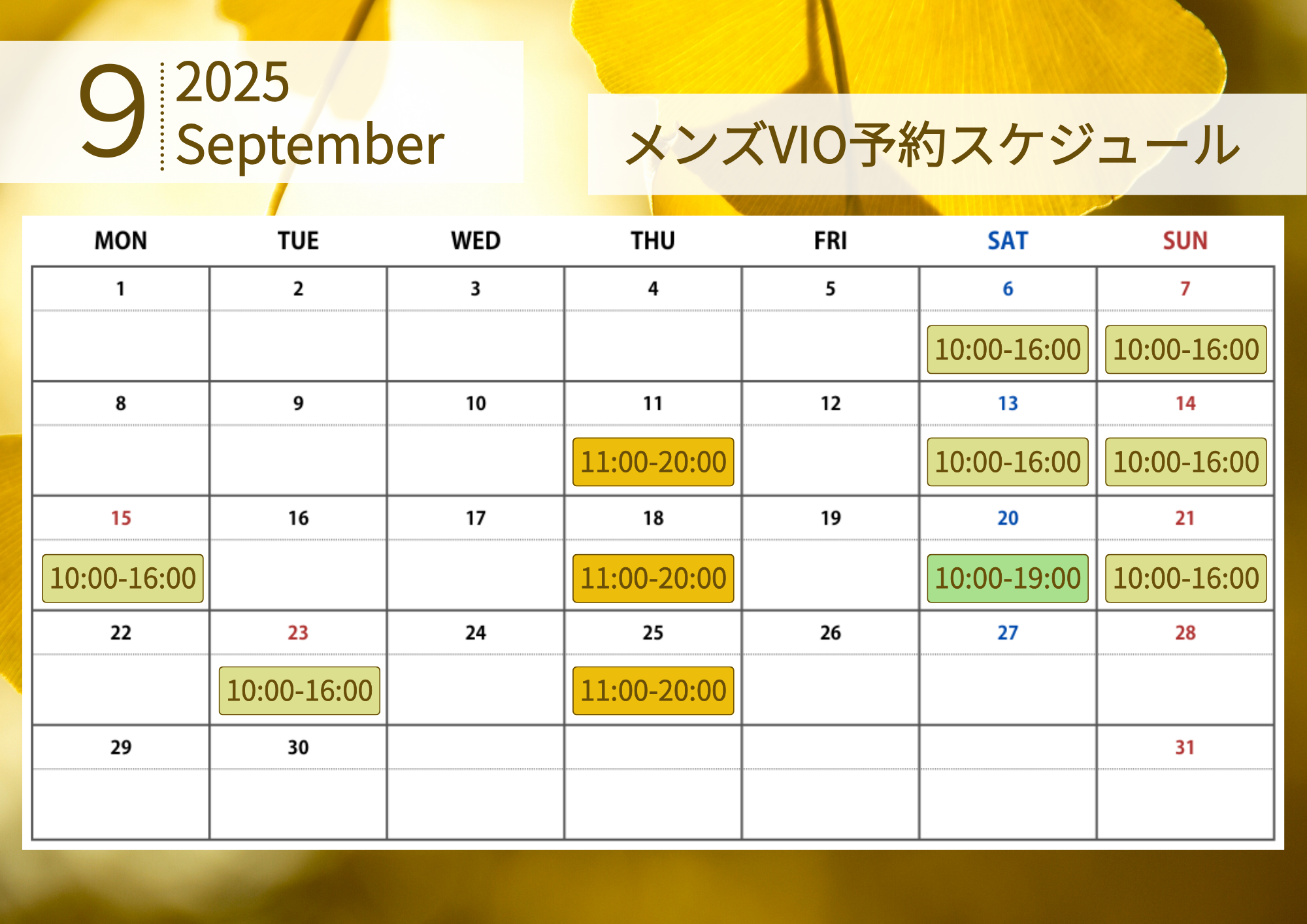 2025年9月メンズVIO予約スケジュール